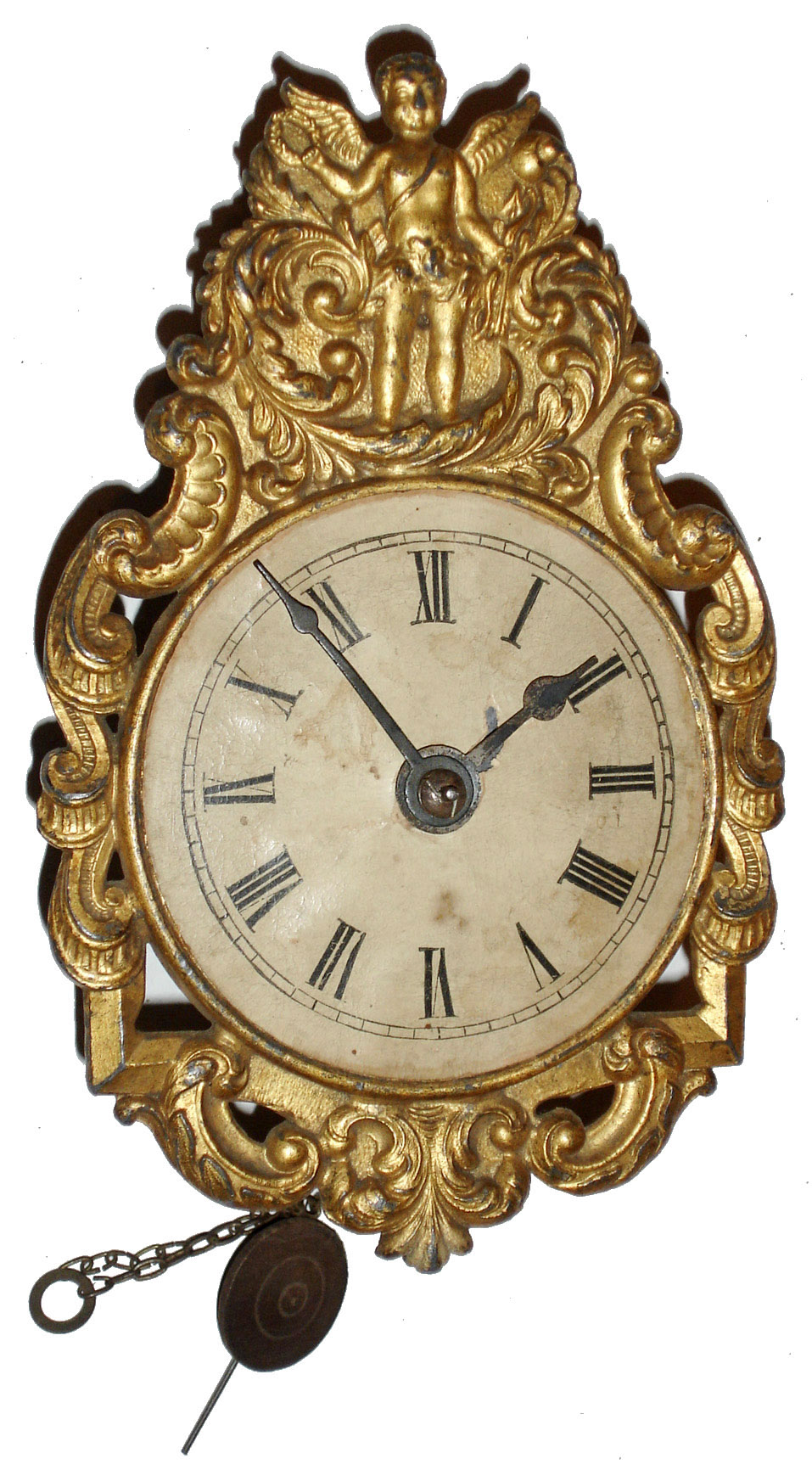 German cast metal miniature wag-on-wall time only, weight driven hanging clock, c1890 — Antique Clocks Price Guide