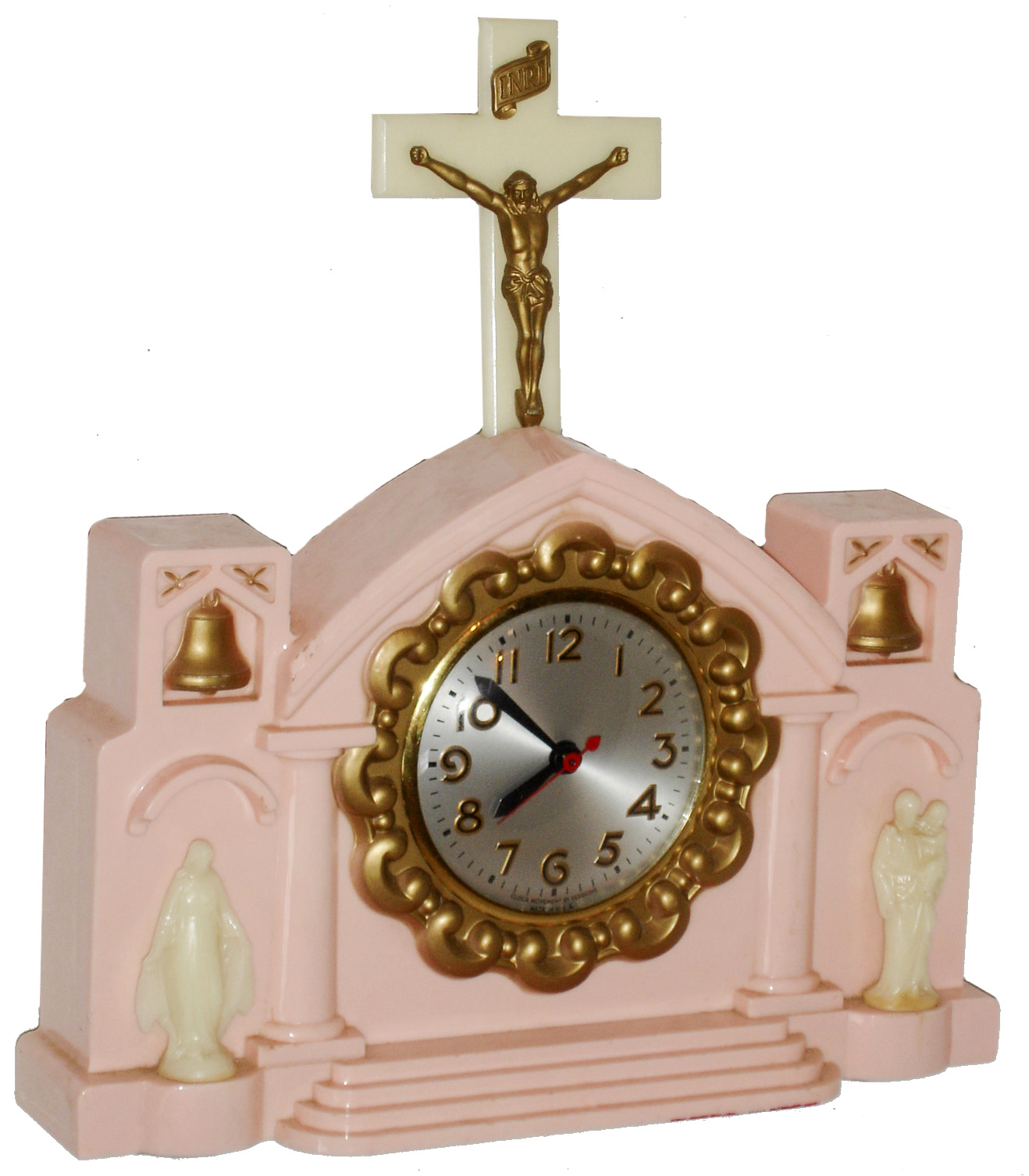 National Clock Corporation, Lynn, Mass., religious theme pink plastic internal illumination electric mantel clock with Sessions movement, c1950 — Antique Clocks Price Guide
