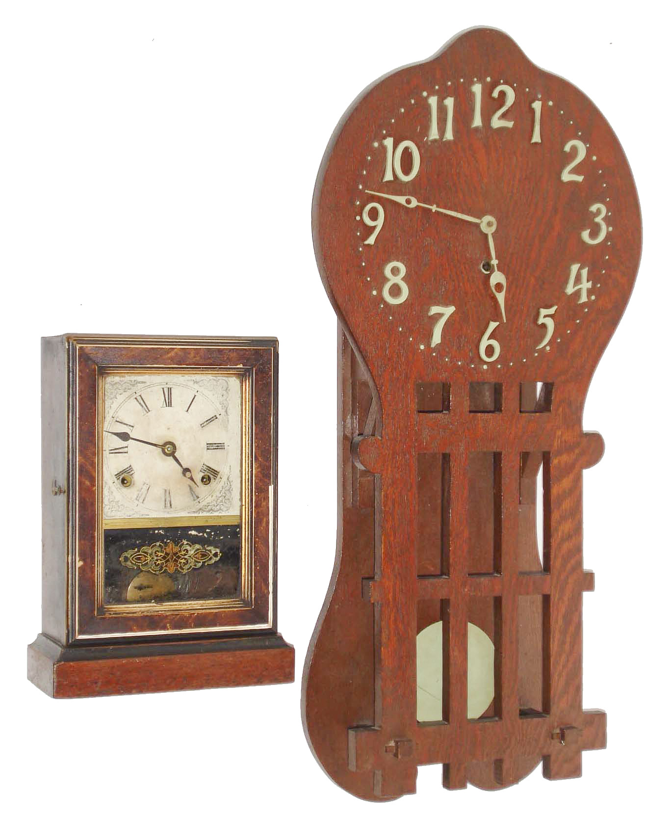 Clocks- 2 (Two): an E. Ingraham & Co. cottage clock with reverse painted tablet and a spring driven wall clock probably made by Sessions, c. 1915 for a retail firm. — Antique Clocks Price Guide