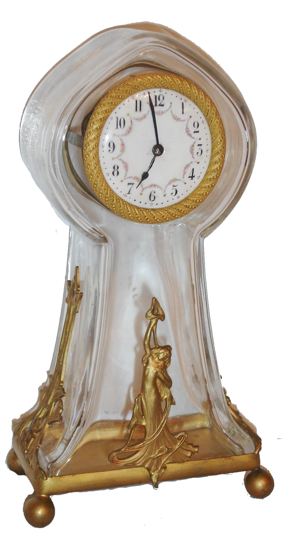 French, table clock, 8 days, spring driven movement in a glass case with applied gilt castings and gilt bezel and multicolor white enamel dial, c1910 — Antique Clocks Price Guide