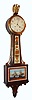 Chelsea Clock Co., Chelsea, Mass., "Willard Banjo Clock 3/4 Size" wall clock, 8 day, time and ship's bell strike spring driven movement with lever escapement in a mahogany case with reverse painted throat and lower tablets of USS Constitution Versus HMS Guerriere and painted metal dial, c1976 s#800831