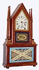 M. W. Atkins, Bristol, Conn., 8 day, time and strike, detached fusee movement steeple on frame with candle finials shelf clock. c1851