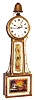 Israel F. Tappan, Manchester, Mass., "Banjo" wall clock, 8 day, time and alarm, weight driven movement with weight driven alarm striking on surmounted bell in mahogany case with gold leaf front and reverse painted throat and lower tablets and painted metal dial, c1820