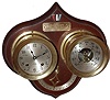 Chelsea Clock Co., Boston, Mass., brass marine set with 4" dials and screw bezels on mahogany "Wellcraft Marine Corp." board; 8 days, ship's bells clock; barometer; c1975