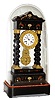 French portico clock, Japy Freres 8 days, time and count wheel strike pendule a Paris movement, back plate signed "Rollin a Paris", counting the hours on a bell and a single blow at the half hour, ebonized case, brass inlaid twist turned columns with gilt bronze capitals and bases, case also inlaid with engraved brass ornament and highlighted with tortoise shell, ivory and mother of pearl, gilt bronze bezel and pendulum incorporating elements of the Baroque, Rococo, and Classical styles, signed white enamel Roman numeral dial with blued steel hands, all on an brass inlaid, ebonized base, the underside signed "Rollin", and covered with a glass dome trimmed with braided cord, c. 1845