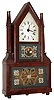 Birge & Fuller, Bristol, Conn., 8 day, time and strike, wagon spring steeple on frame with candle finials or double steeple shelf clock. c1844