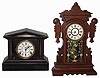 Clocks- 2 (Two) Connecticut wood 8 days, time and strike, mantel clocks:  New Haven "Pruth" walnut c1886; E. Ingraham "Exotic" c1889