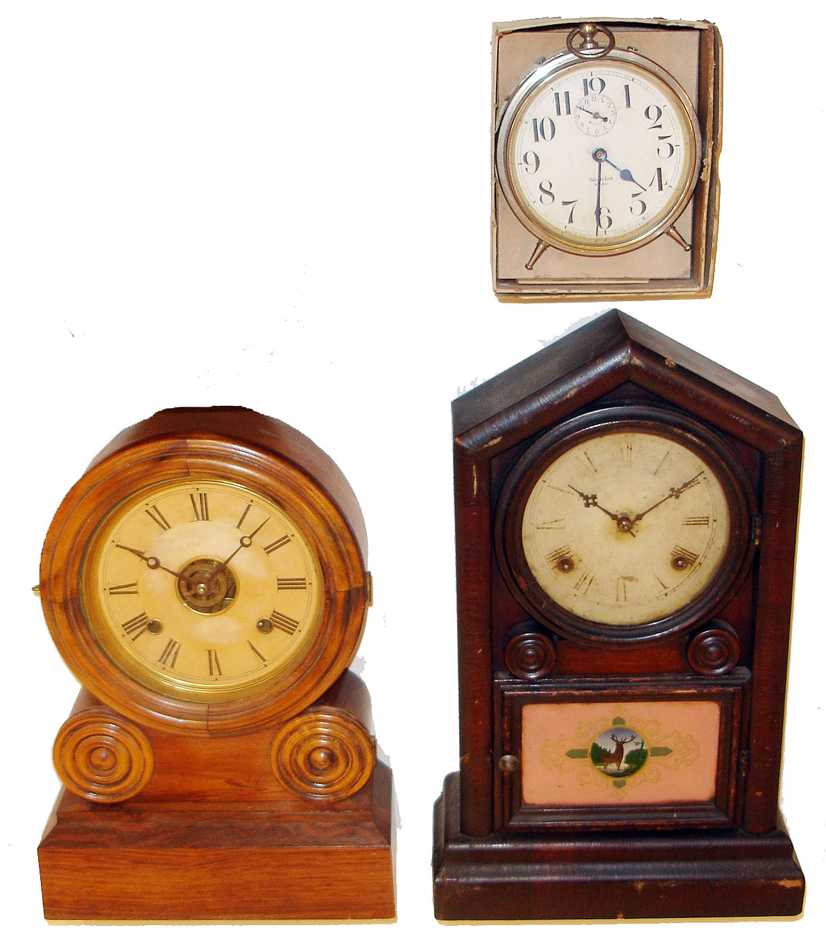 Clocks- 3 (Three) American mantel clocks: Gilbert "Gem" 8 days, time and strike; Ingraham "Grecian" 8 days, time, strike and alarm; Westclox "Big Ben" 30 hours, alarm clock in original box. Late 19th and early 20th centuries — Antique Clocks Price Guide