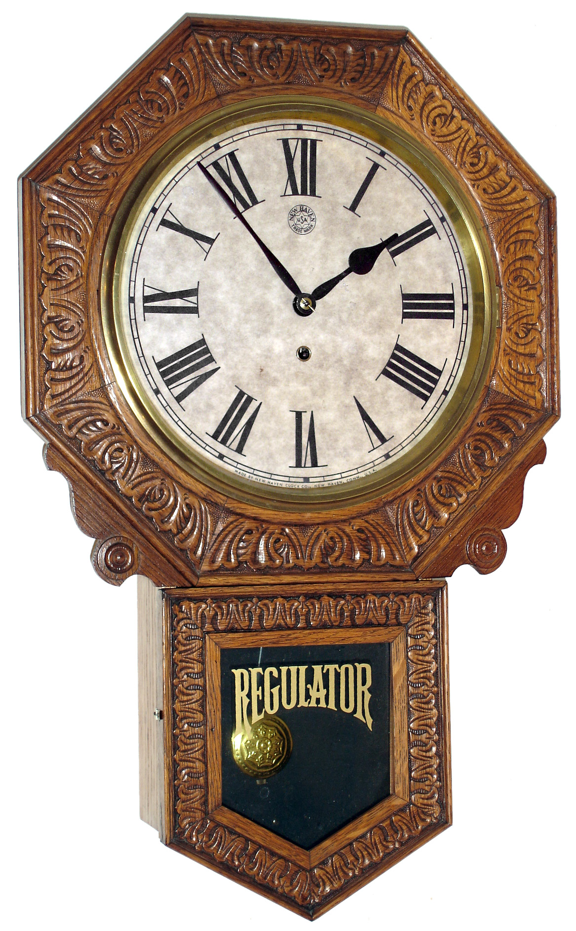 New Haven Clock Co., New Haven, Conn. "Branford" 8 days, time only pressed oak large school clock, c1911 — Antique Clocks Price Guide
