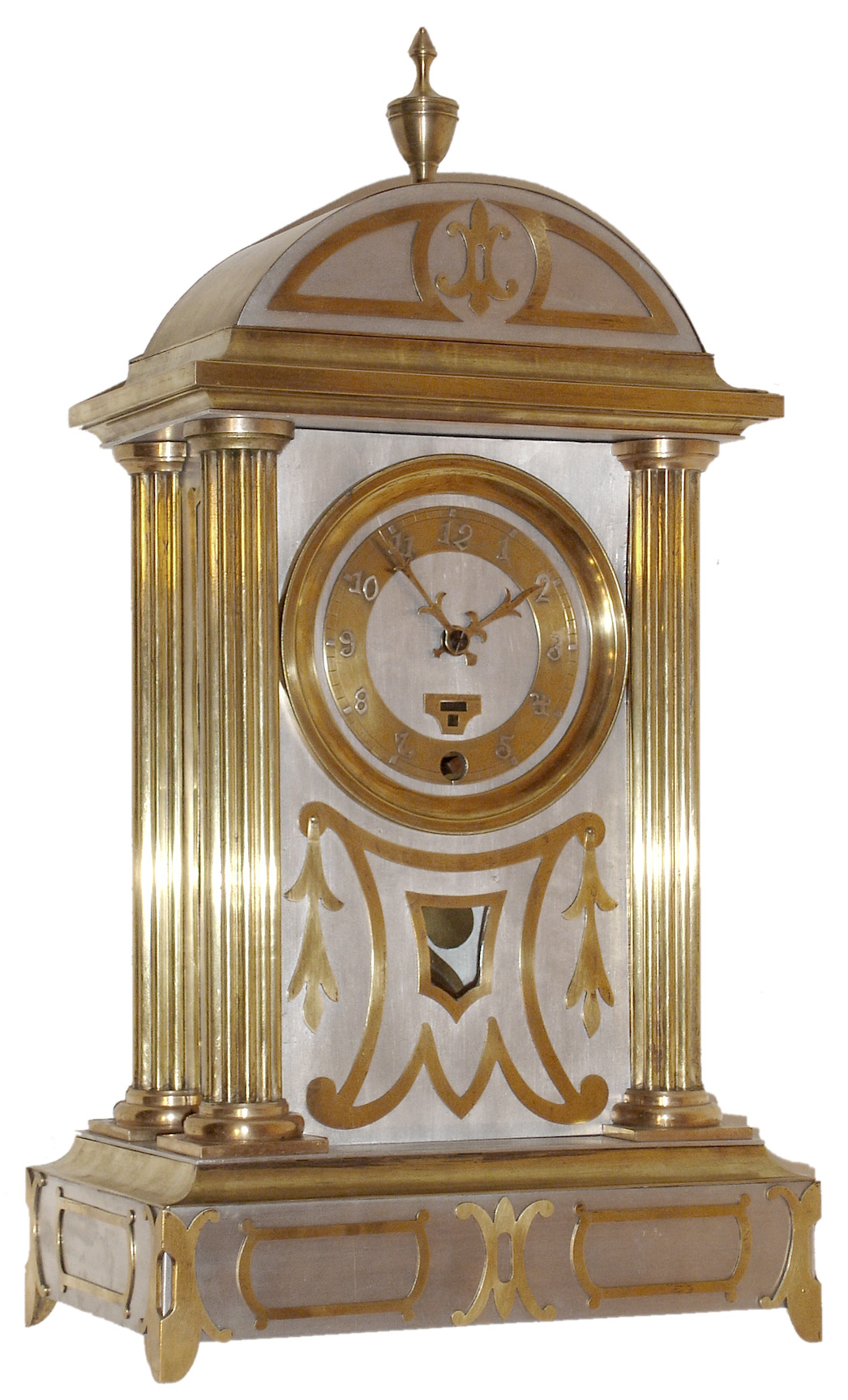 Belgian brass and aluminum architectural 8 days, time only mantel clock, "Fr. Somers, Bruscelles, 1914-1915" on the dial's date window, "H.A Bruxelles" on movement's rectangular back plate, c1915 — Antique Clocks Price Guide