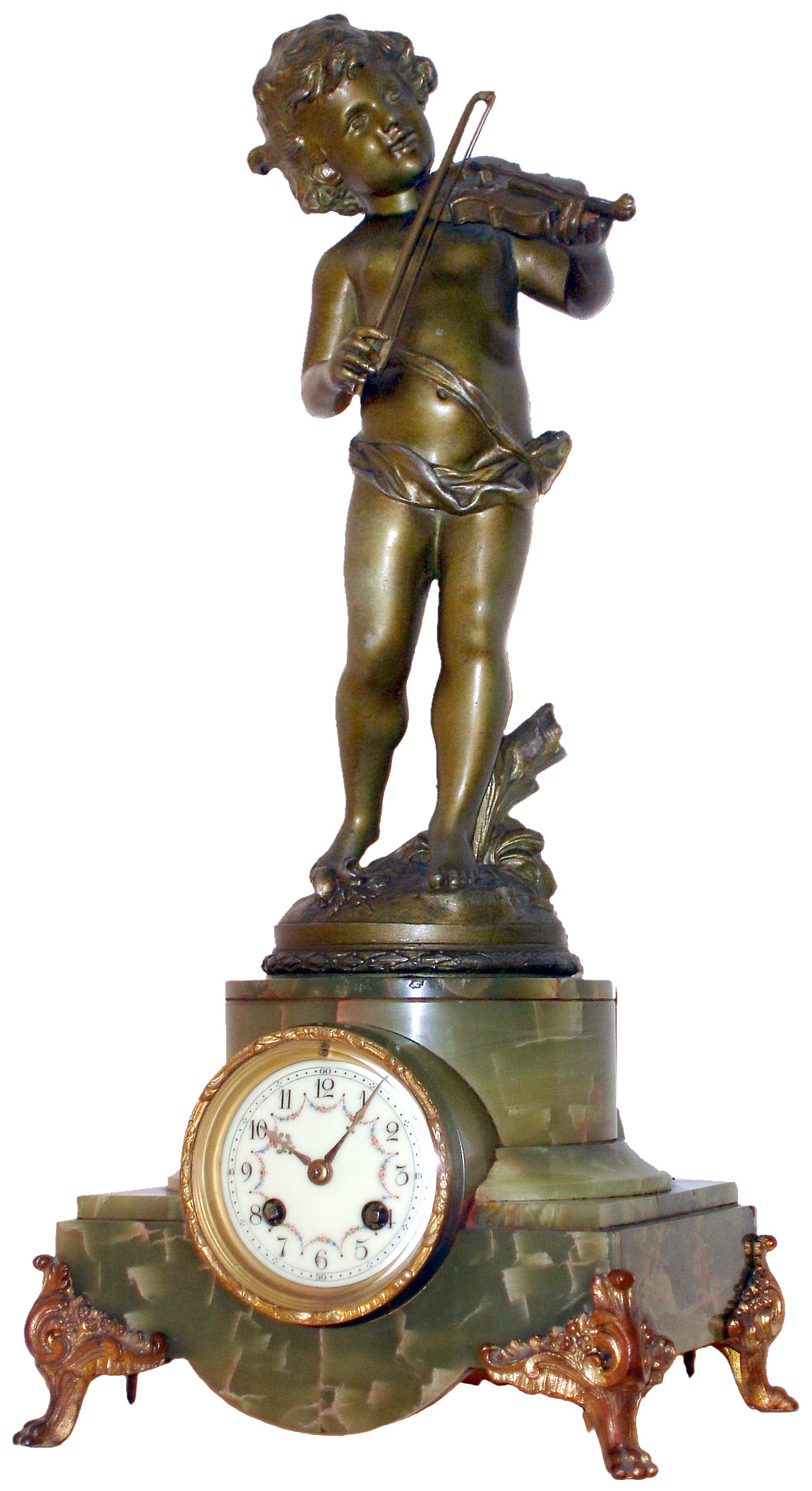 French green onyx and cast metal figural 8 days, time and strike, mantel clock, statue signed Aug. Moreau, c1900 — Antique Clocks Price Guide