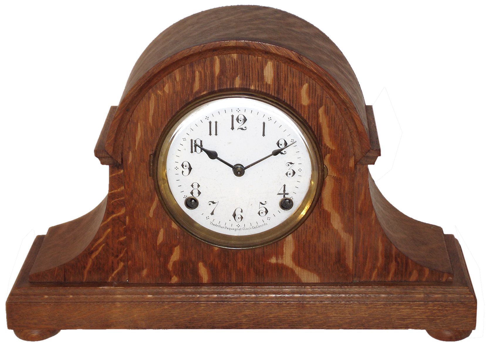The Arthur Pequegnat Clock Co., Canada, oak 8 days, time and strike, tambour mantel clock, c1920 — Antique Clocks Price Guide