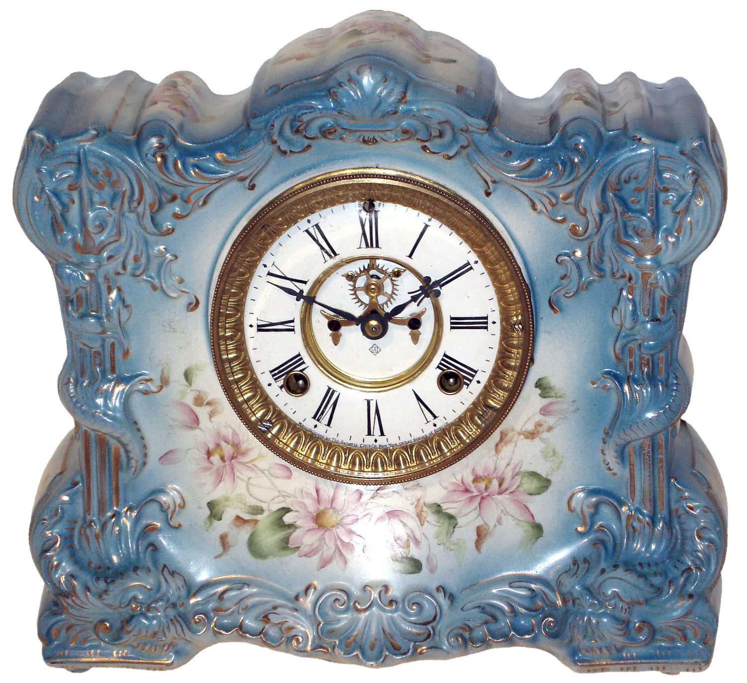 Ansonia Clock Co., New York, "Osceola" 8 days, time and strike, porcelain mantel clock with visible escapement, c1910 — Antique Clocks Price Guide