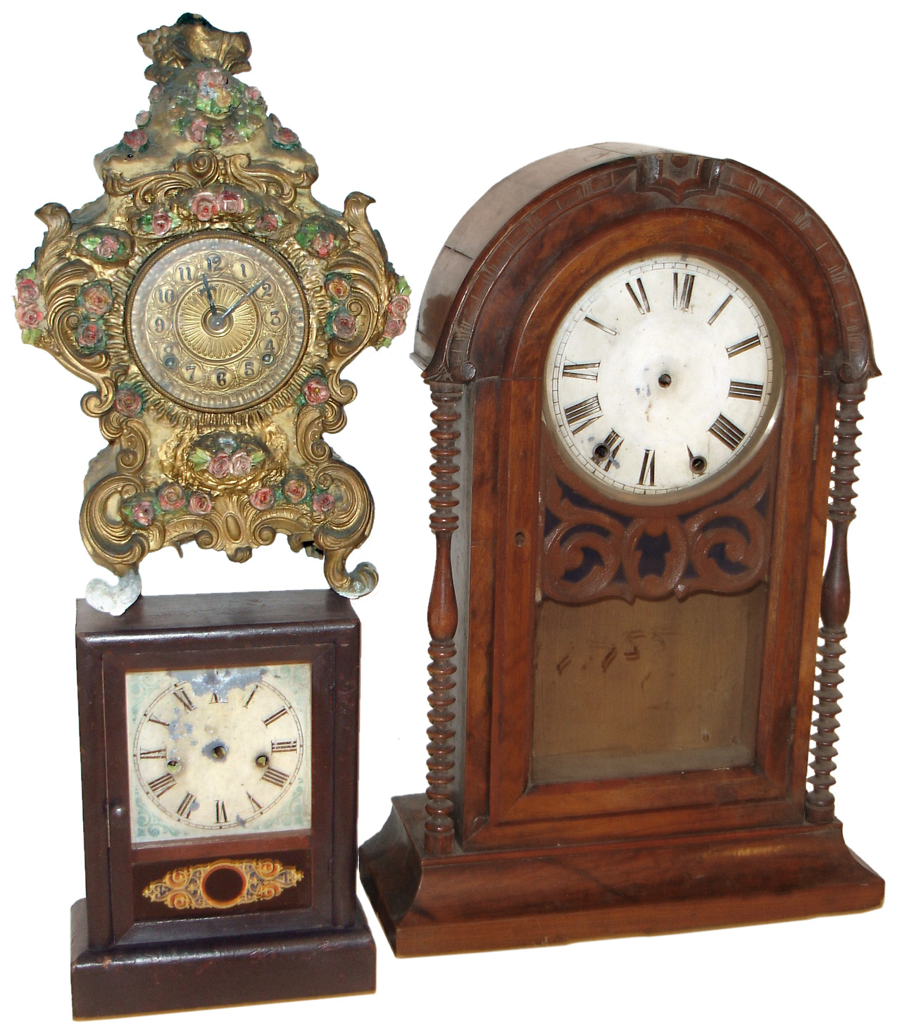 Clocks- 8 (Eight): French "Odo" oak 8 days, Westminster chime wall clock; Seth Thomas "Atlanta" city series 8 days, time and strike; Jerome & Co. "Dandy Line" 8 days, time and strike, kitchen clock; Waterbury 30 hours, time and strike, cottage clock; Hamburg-American oak bracket clock case only; large walnut round-top shelf clock case with Seth Thomas, Plymouth, 8 days, time and strike, movement; Ansonia floral decorated cast metal 8 days, time and strike, mantel clock; Hamburg American movement in a custom made antler case — Antique Clocks Price Guide