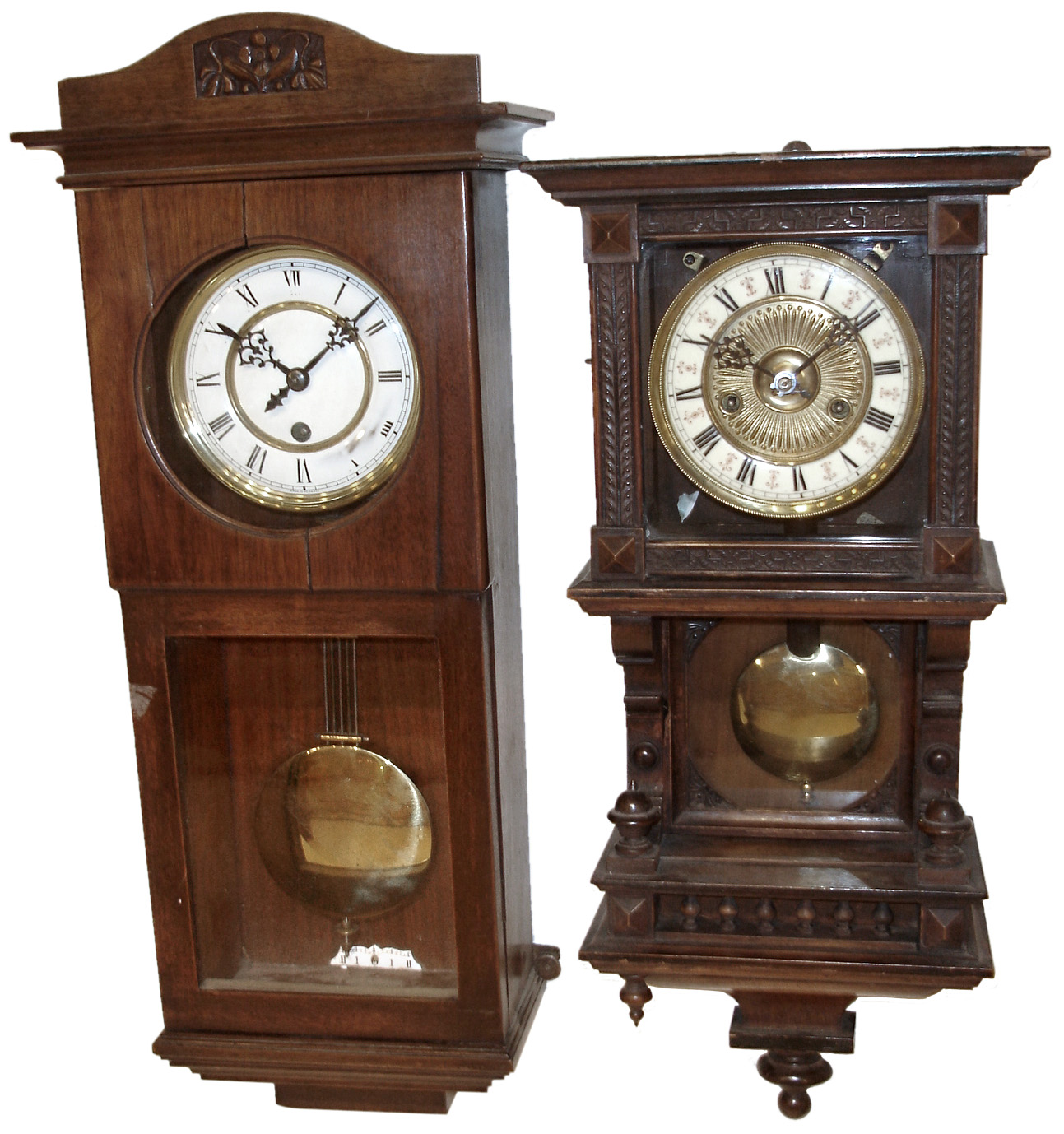 Clocks- 4 (Four) wooden small German 8 days, spring driven wall clocks, 3 time and strike, 1 time only, early 20th century — Antique Clocks Price Guide