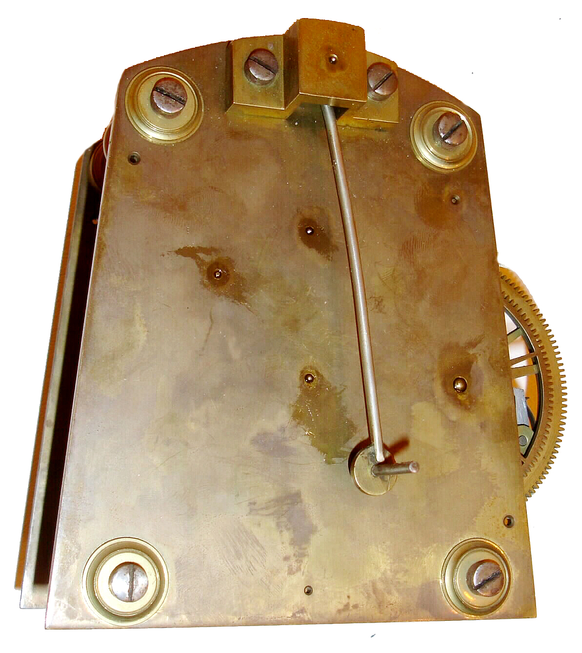 English hanging regulator for Kemp Bros., Bristol, mahogany and mahogany veneer case with thick beveled glasses, engraved Roman numeral, polished brass dial, signed "Kemp Bros. Union St. Bristol", painted steel hands, substantial 8 days, brass movement with heavy turned pillars, dead beat escapement and maintaining power, nickel plated pendulum with wooden rod, nickel plated weight with attached pulley, c1920 — Antique Clocks Price Guide