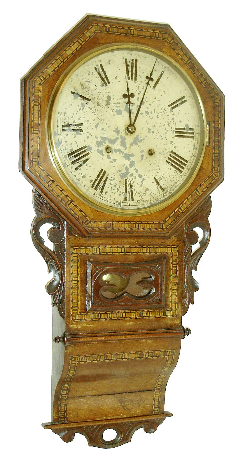 Anglo-American, 8 days, time and strike, inlayed schoolhouse style wall clock, c1890 — Antique Clocks Price Guide