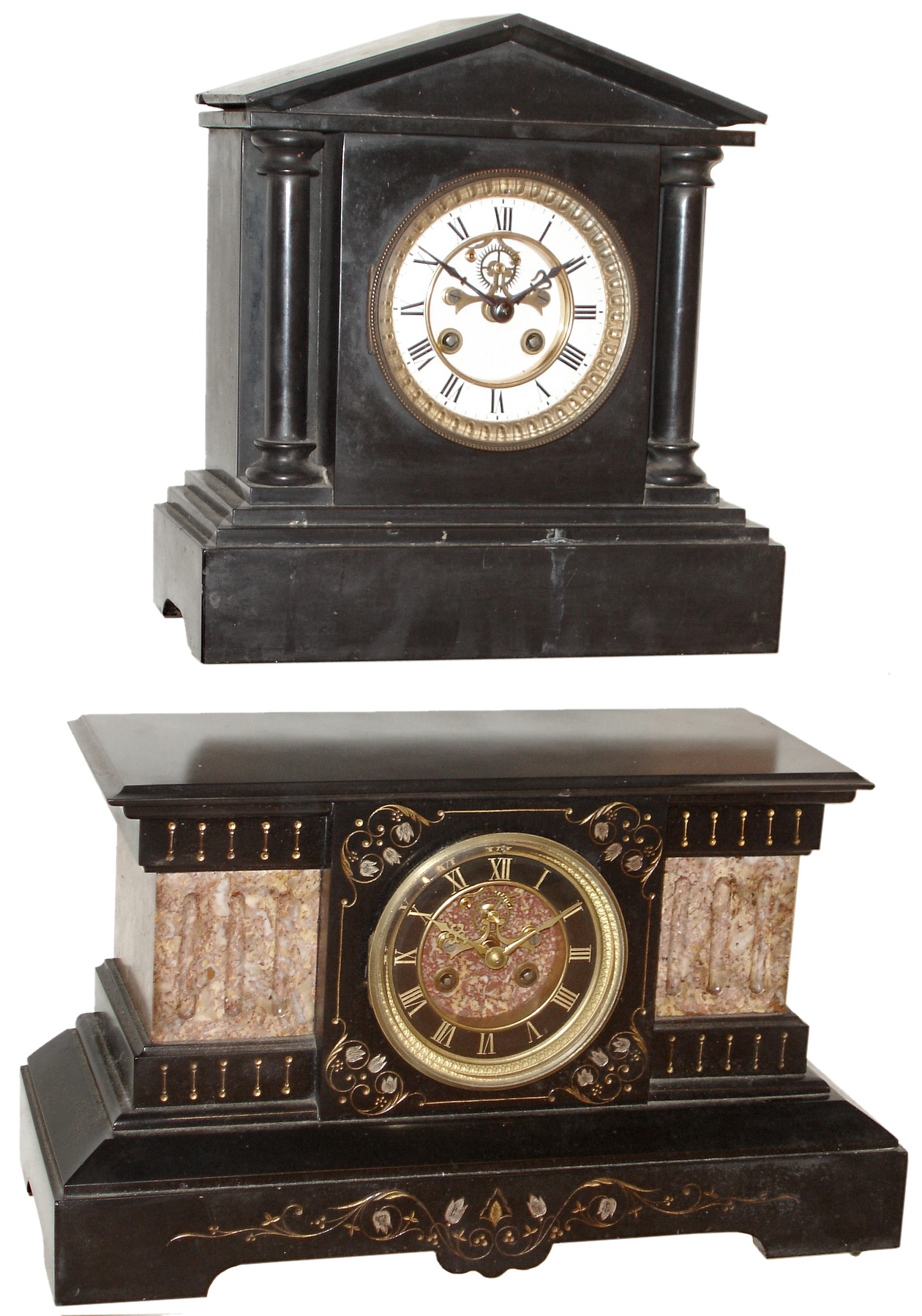 Clocks- 2 (Two) French slate 8 days, time and strike, mantel clocks with visible escapements, c1890 — Antique Clocks Price Guide