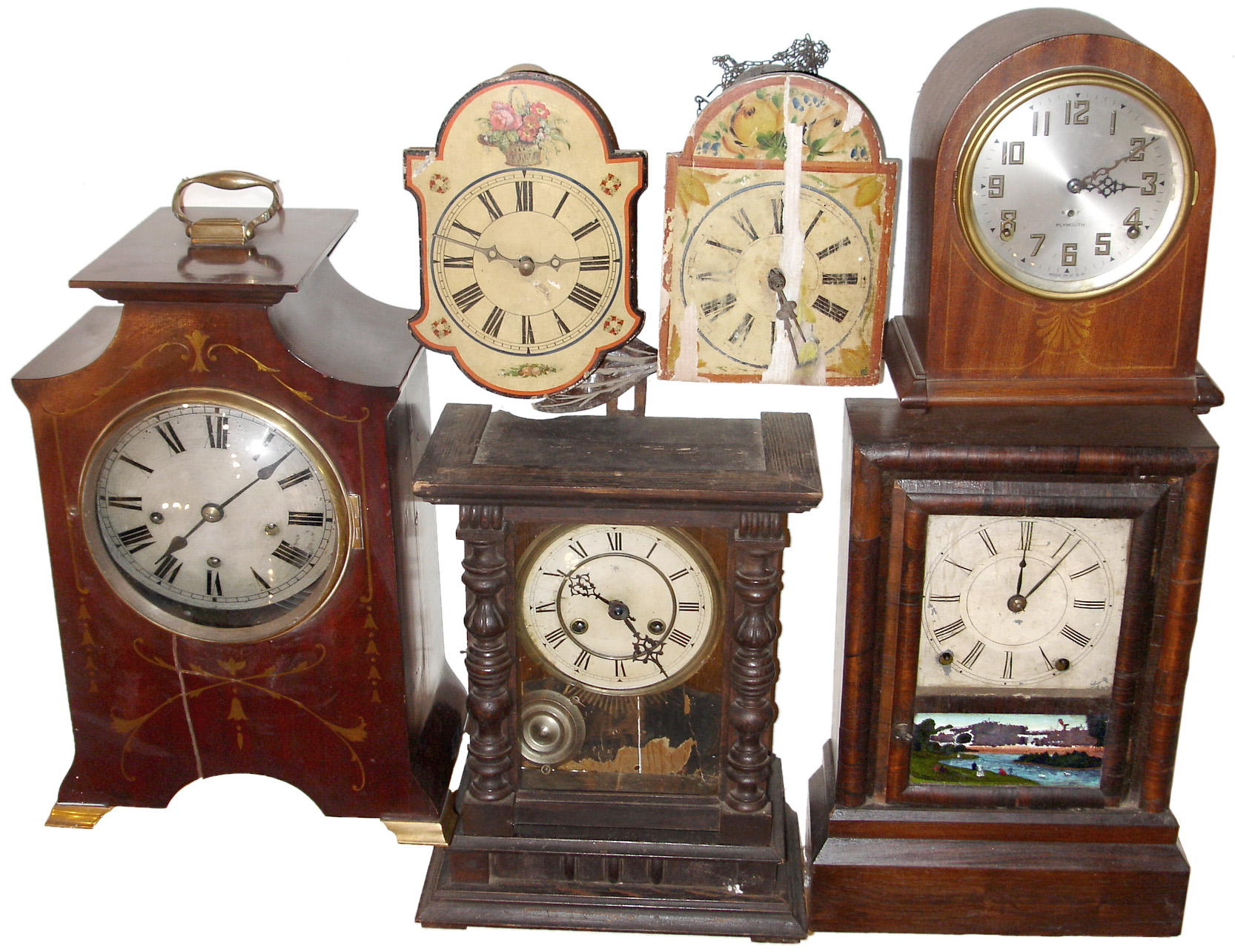 Clocks- 7 (Seven): 2 German small wags, Junghans mantel, Connecticut 8 days, cottage. German mahogany chiming, Plymouth round top mantel, French marble deco — Antique Clocks Price Guide