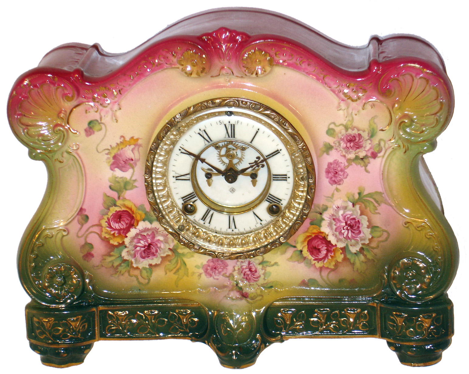 Ansonia Clock Co., New York, "La Vergne" 8 days, time and strike, Royal Bonn porcelain mantel clock with visible escapement, c1914 — Antique Clocks Price Guide