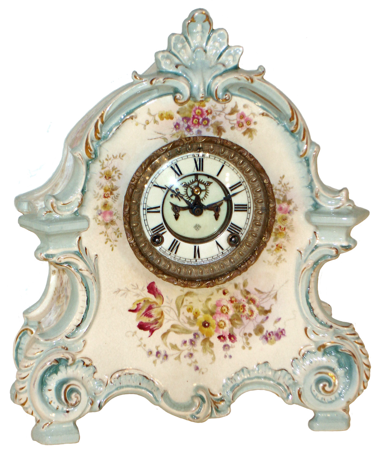 Ansonia Clock Co., New York, "La Bretagne" porcelain 8 days, time and strike, mantel clock with visible escapement, c1904 — Antique Clocks Price Guide