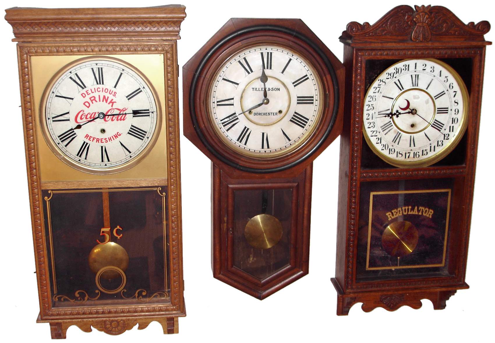 Clocks- 8 (Eight) American 8 days, wall clocks, early 20th century: Ingraham, Sessions, New Haven, Ansonia, Gilbert, and Waltham mirror — Antique Clocks Price Guide