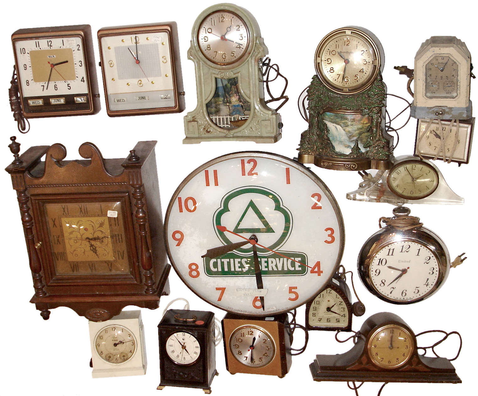 Clocks- 15 (Fifteen) electric plug in wall, advertising, animated, alarm, and timers, 20th century — Antique Clocks Price Guide