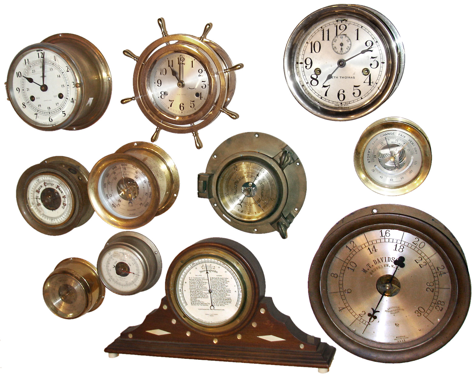 Marine Clocks, Barometers, Gauge- 11 (Eleven): Ship's clocks by Seth Thomas, Swiss, Swift & Anderson; barometers by Chelsea, Boston, Airguide, etc. — Antique Clocks Price Guide
