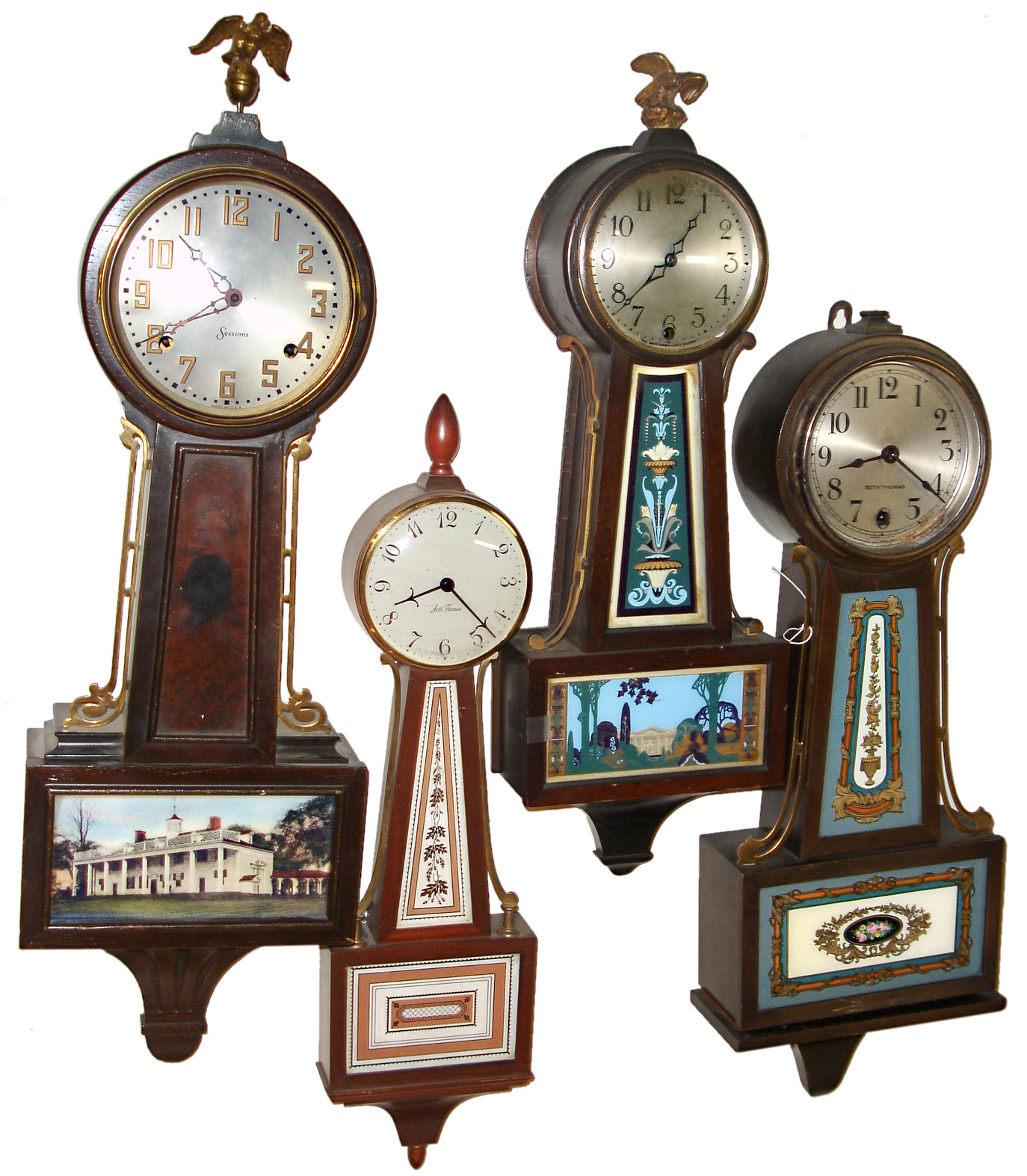 Clocks- 8 (Eight) banjo 8 days, spring-driven Connecticut: four time and strike, four time-only; Sessions, Seth Thomas, New Haven, and Gilbert — Antique Clocks Price Guide