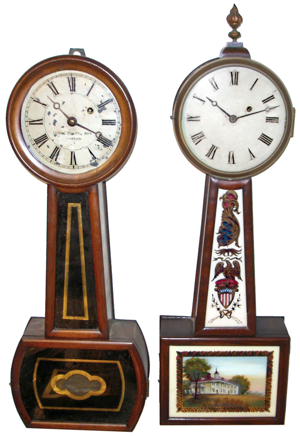 Clocks- 2 (Two) banjo 8 days, weight driven American wall clocks, Daniel Pratt & Son dial, unsigned movements — Antique Clocks Price Guide