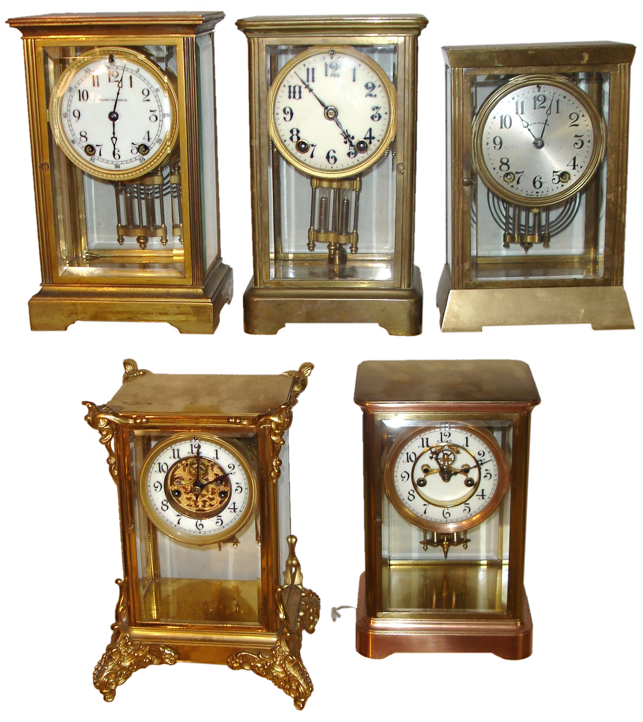 Clocks- 5 (Five) Crystal Regulator American, 8 days, time and strike, brass and beveled glass mantel clocks: Waterbury "Antwerp", Seth Thomas, Ansonia; early 20th century — Antique Clocks Price Guide