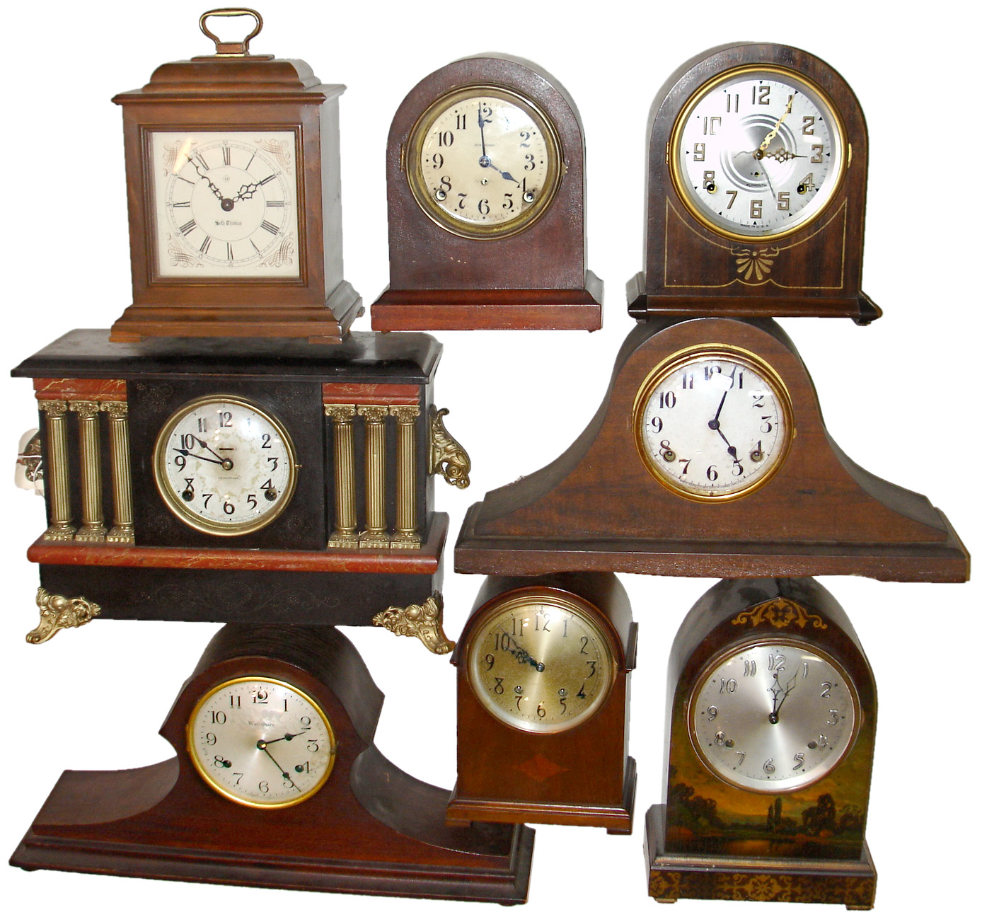 Clocks- 13 (Thirteen) American 8 days, time and strike, wood case mantel clocks, 20th century — Antique Clocks Price Guide