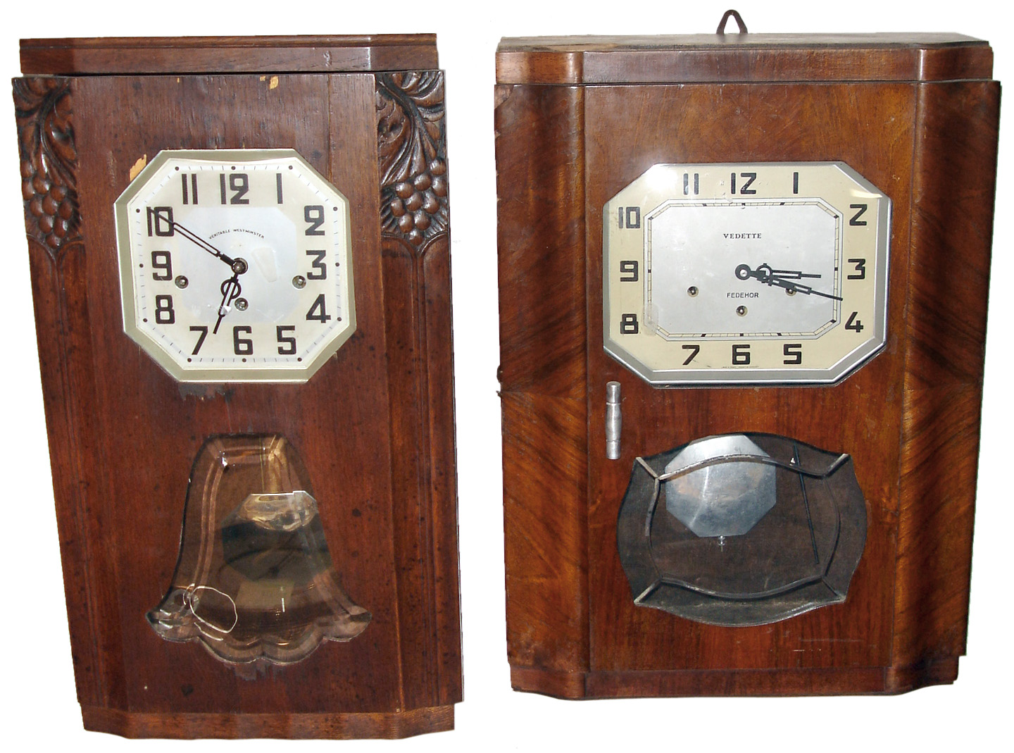 Clocks- 2 (Two) French Deco style wood case Westminster chime 8 days, wall clocks, Vedette, Fedehor; and "Veritable Westminster"; early 20th century — Antique Clocks Price Guide