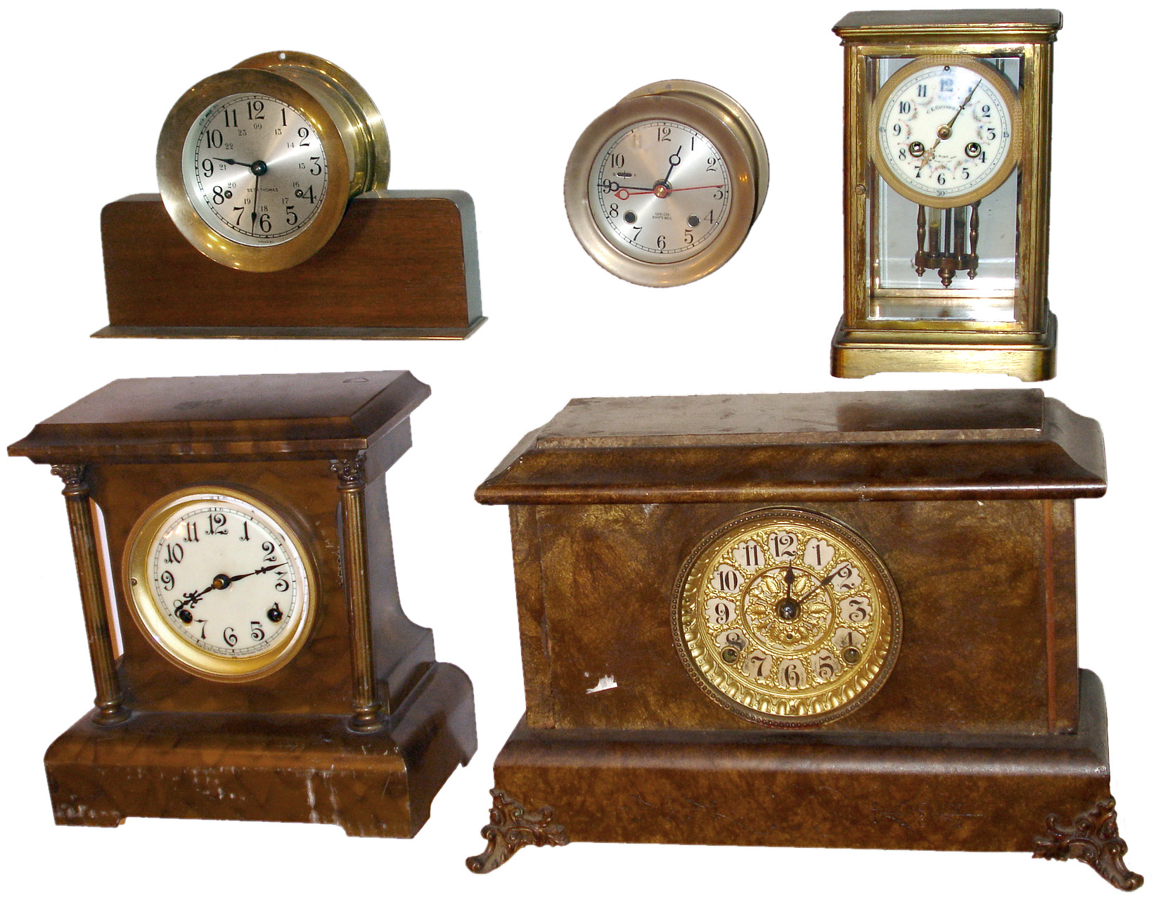 Clocks- 5 (Five): French crystal regulator: Chelsea converted to quartz; Seth Thomas wood; New Haven metal; Seth Thomas ship's with German movement — Antique Clocks Price Guide