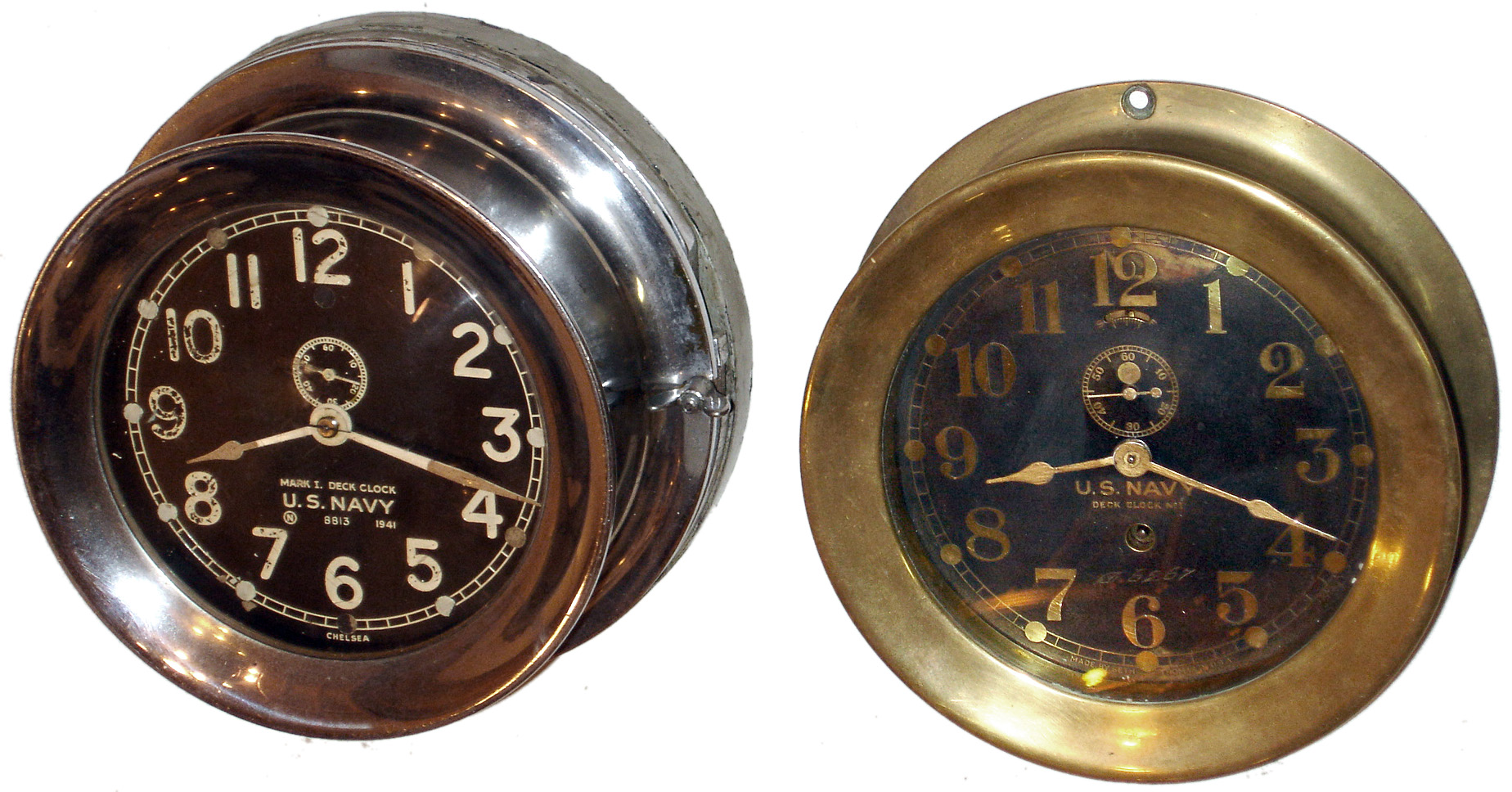 Clocks- 2 (Two) U.S. Navy 8 days, 5" dial metal case black dial marine clocks: Chelsea Mark 1 and Seth Thomas Deck Clock No. 1, mid 20th century — Antique Clocks Price Guide