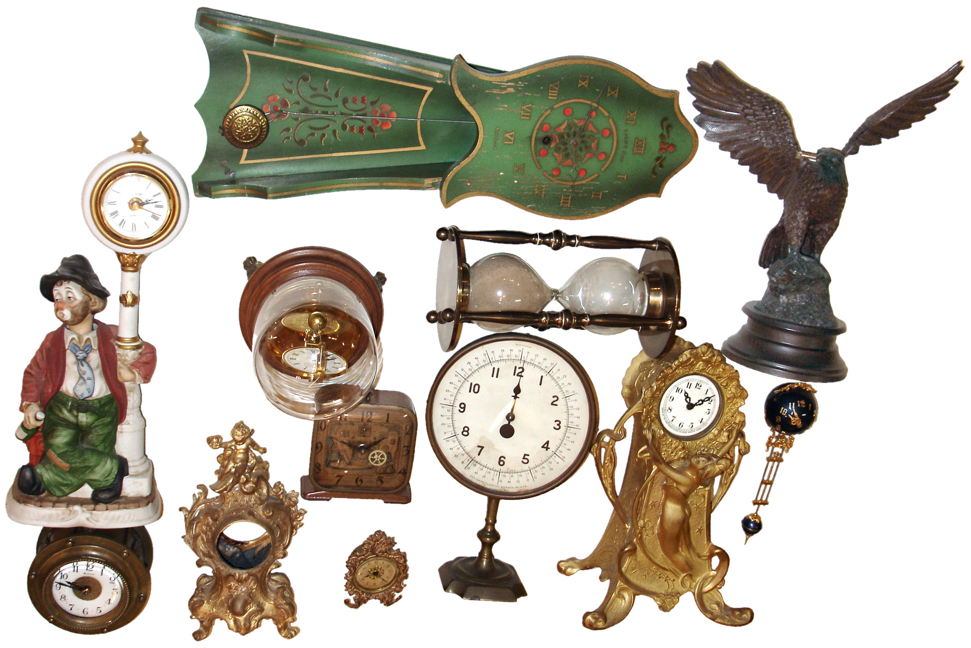 Clocks- 11 (Eleven) novelty timepieces including Horolovar, One Hand, Gilbert, Haven, Lux, and a sand glass, 20th century — Antique Clocks Price Guide