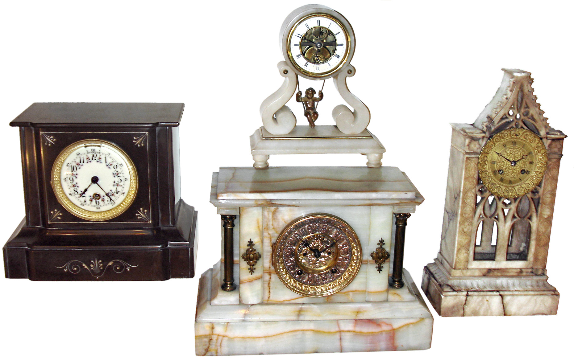 Clocks- 4 (Four) 8 days, marble case clocks: Boston Clock Co., black time and strike, tandem-wind; French Farcot swinging doll time-only with chaff-cutter escapement; Ansonia cream marble time and strike; French veined marble architectural time and strike; later 19th century — Antique Clocks Price Guide