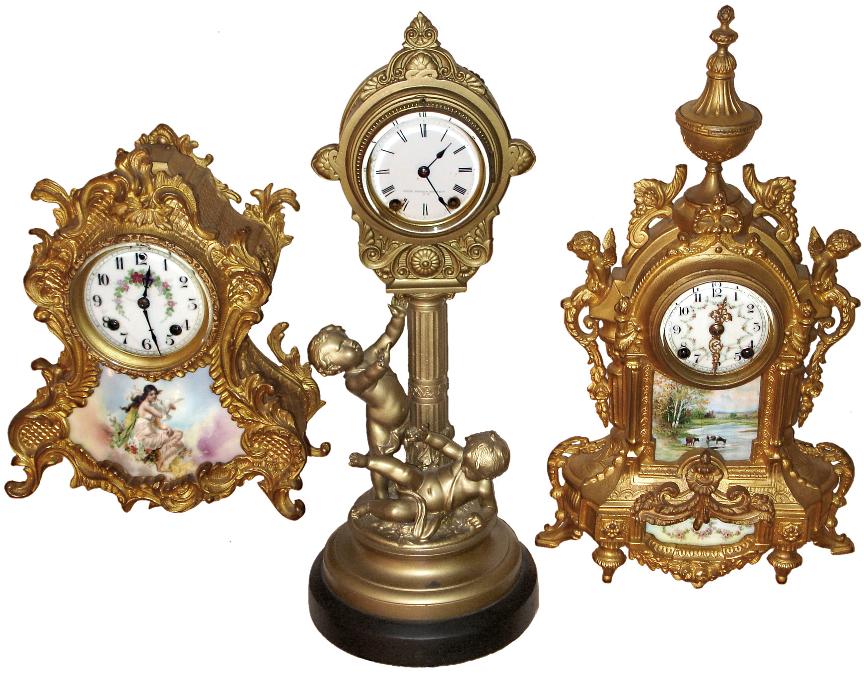 Clocks- 3 (Three) Connecticut 8 days, time and strike, cast metal mantel clocks: two by New Haven with porcelain inserts; Seth Thomas Sons figural; late 19th century — Antique Clocks Price Guide