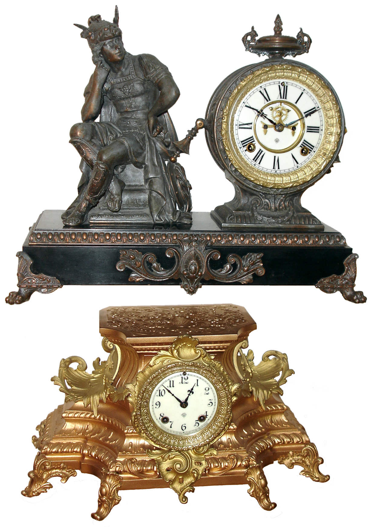 Clocks- 2 (Two) Ansonia 8 days, time and strike, cast metal mantel clocks: Mercury figural with visible escapement; ornate flat top with cast leaf swags, early 20th century — Antique Clocks Price Guide