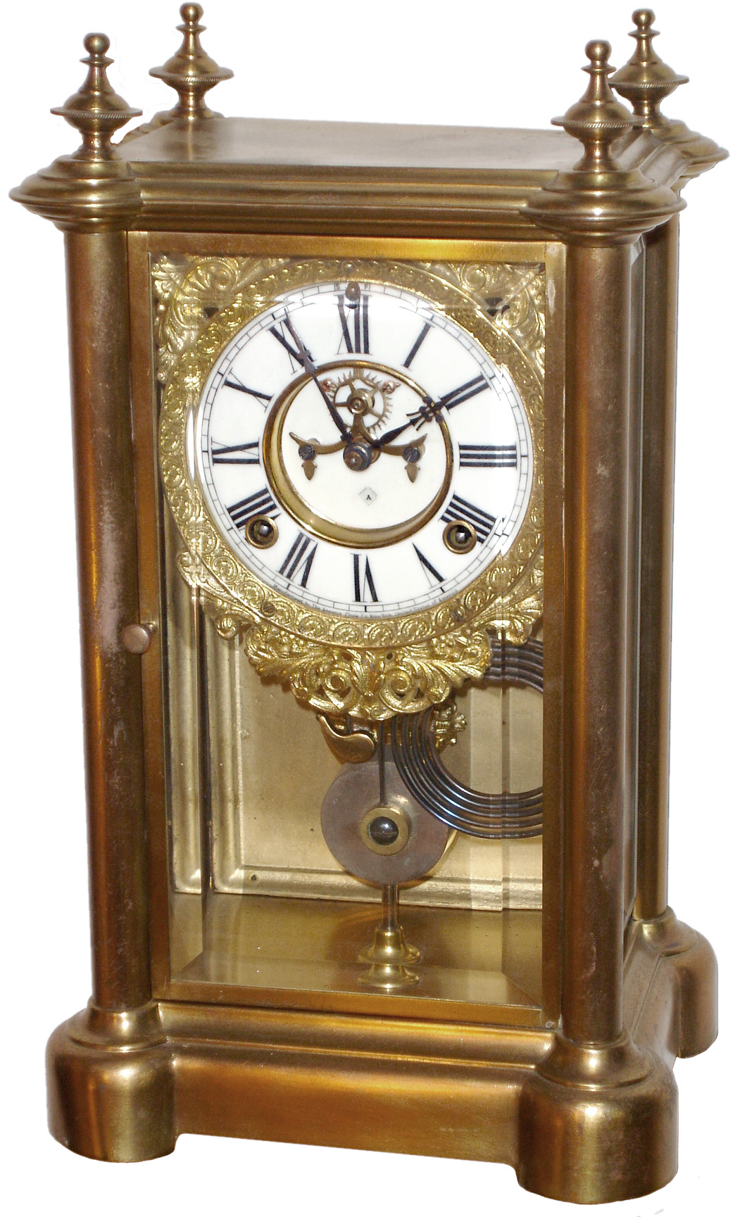 Ansonia Clock Co., New York, "Symbol Extra" 8 days, brass and glass time and strike, crystal regulator mantel clock, visible escapement,  c1894 — Antique Clocks Price Guide