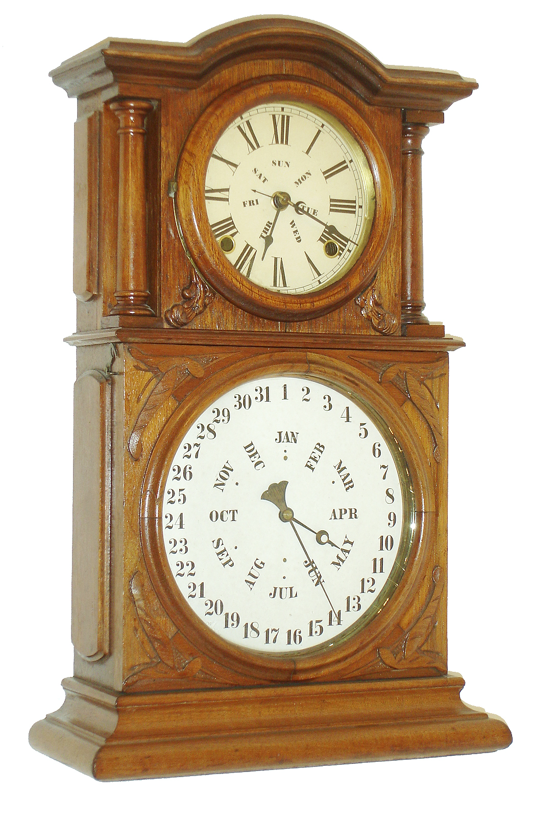 E. Ingraham & Co., Bristol, Conn., "Ingraham Calendar", 8 days, time and strike, walnut double dial calendar clock, c1881 — Antique Clocks Price Guide