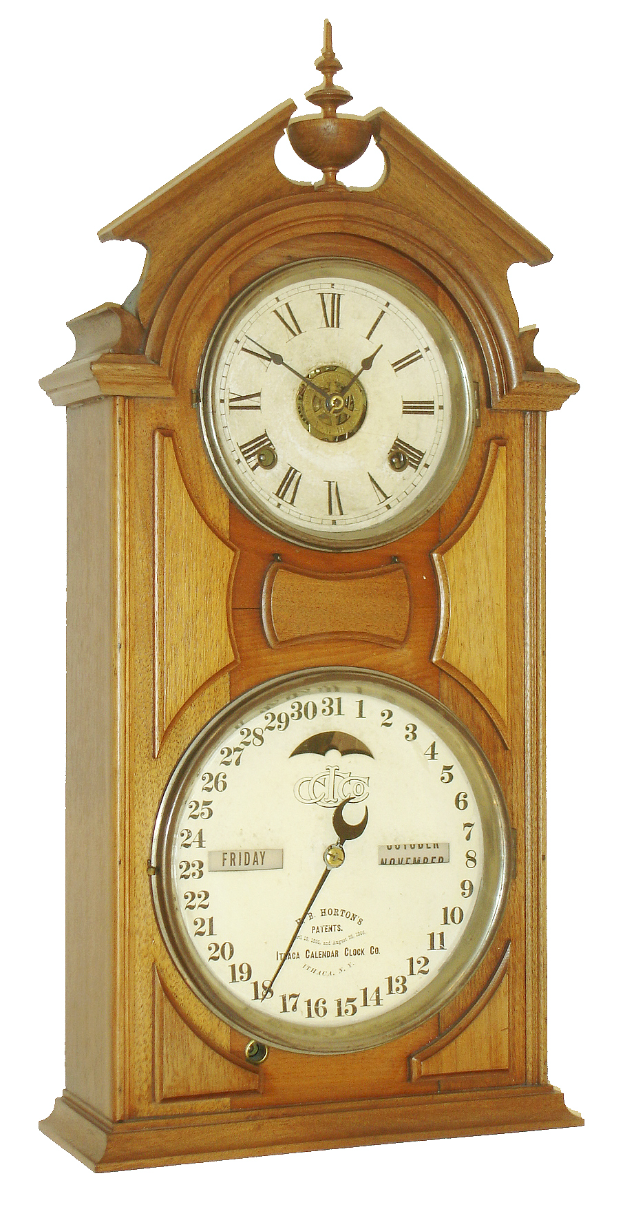 Ithaca Calendar Clock Co., Ithaca, NY, "No. 8 Shelf Library", 8 days, time, strike and alarm double dial calendar clock, c1874. — Antique Clocks Price Guide