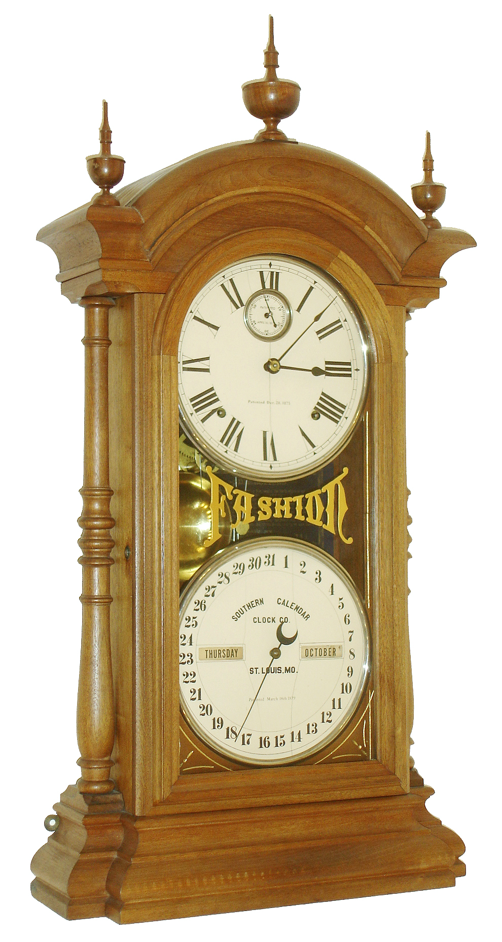 Southern Calendar Clock Co., St. Louis, MO., "Fashion No. 4" 8 days, time and strike, double dial calendar clock, c1884 — Antique Clocks Price Guide