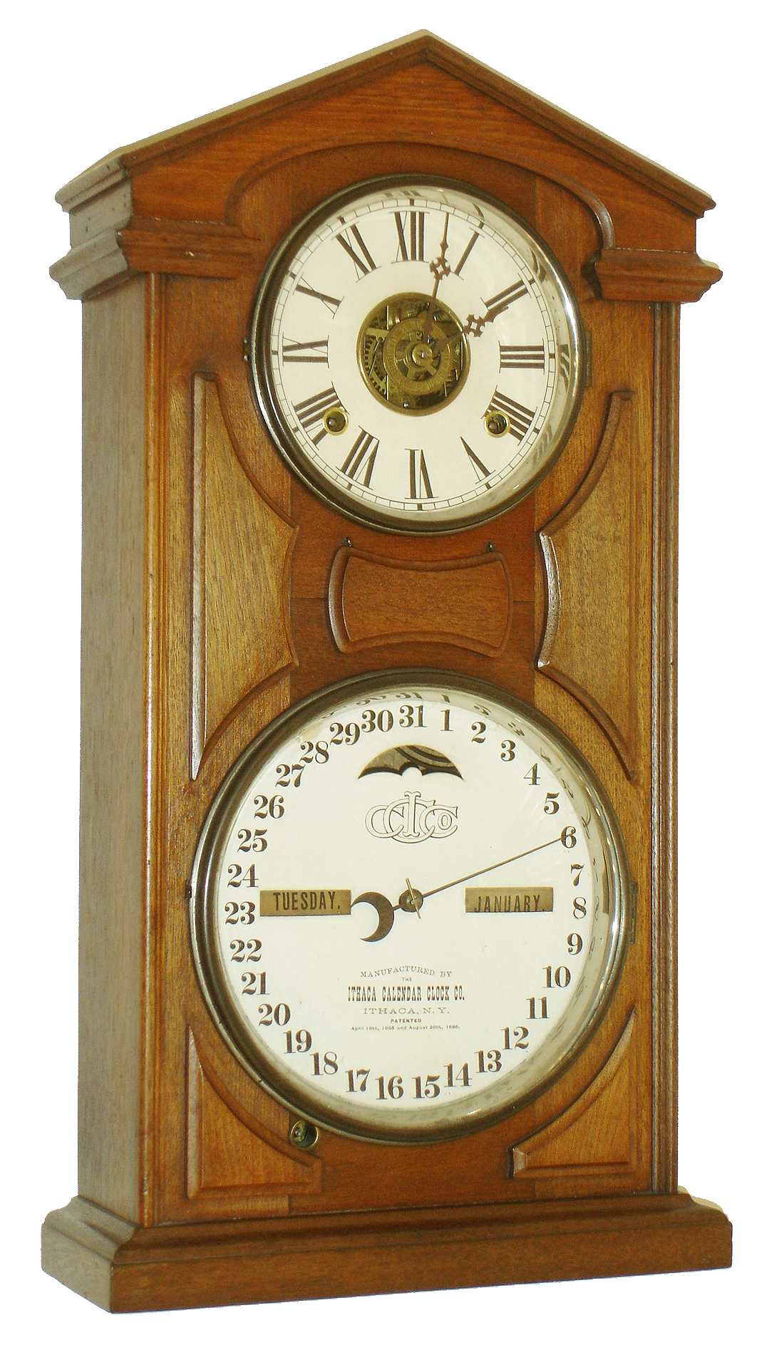 Ithaca Calendar Clock Co., Ithaca, NY, "No. 7 Shelf Cottage", 8 days, time, strike and alarm double dial calendar shelf clock, c1874 — Antique Clocks Price Guide