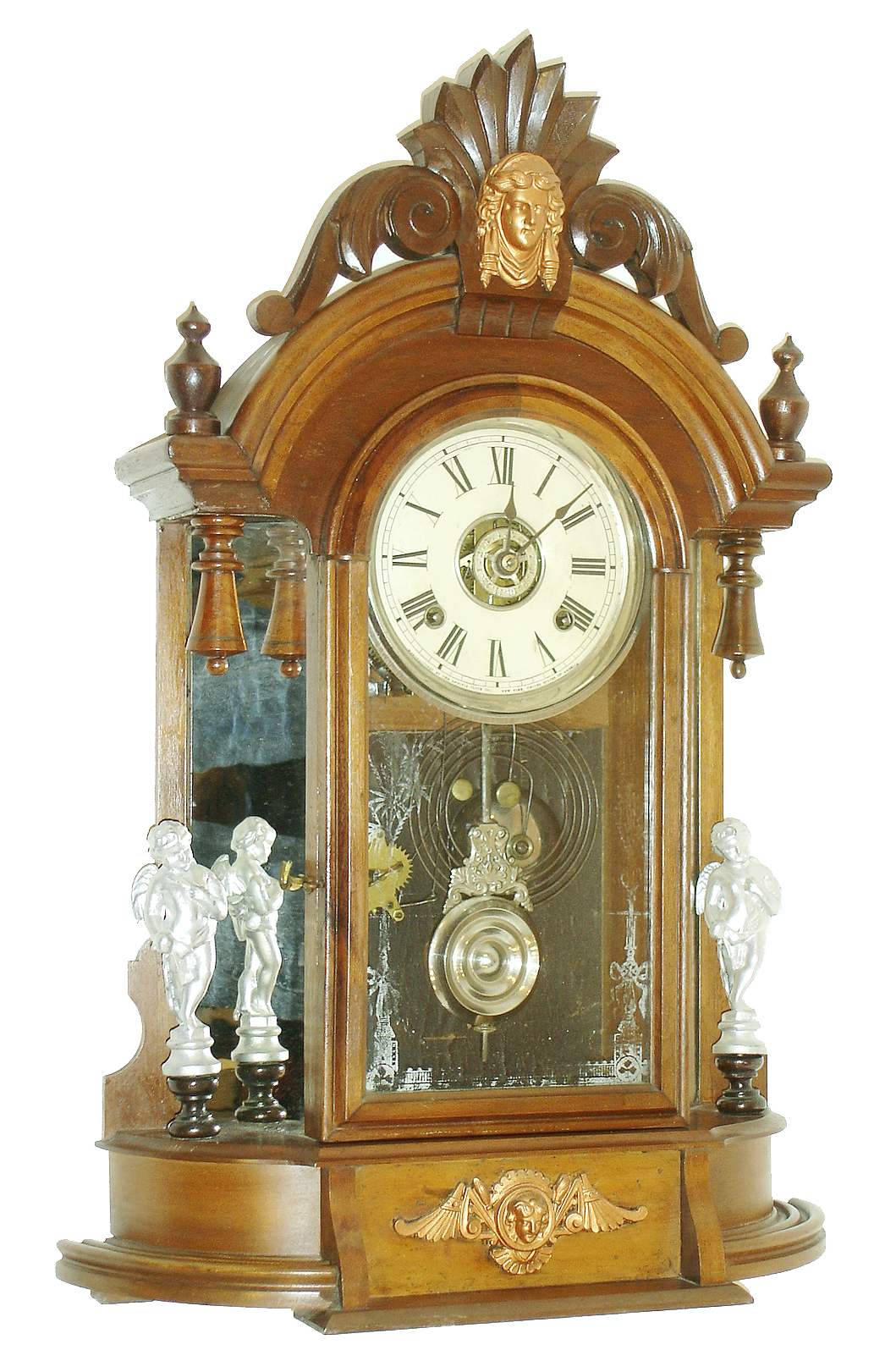 Ansonia Clock Co., Ansonia, Conn. "Triumph", 8 days, time, strike and alarm mirror side walnut mantel clock, c1880 — Antique Clocks Price Guide