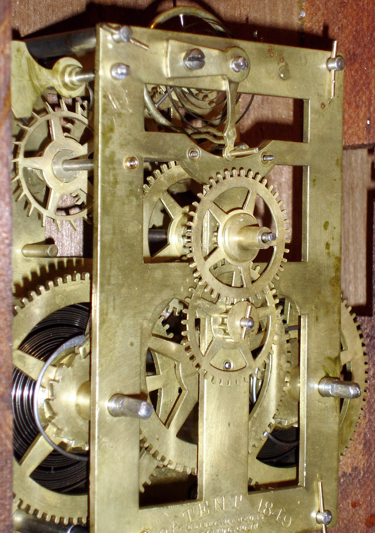 George Hills, Plainville, Conn., 8 days, double wind marine movement reverse OG mirror wall timepiece, c1851 — Antique Clocks Price Guide