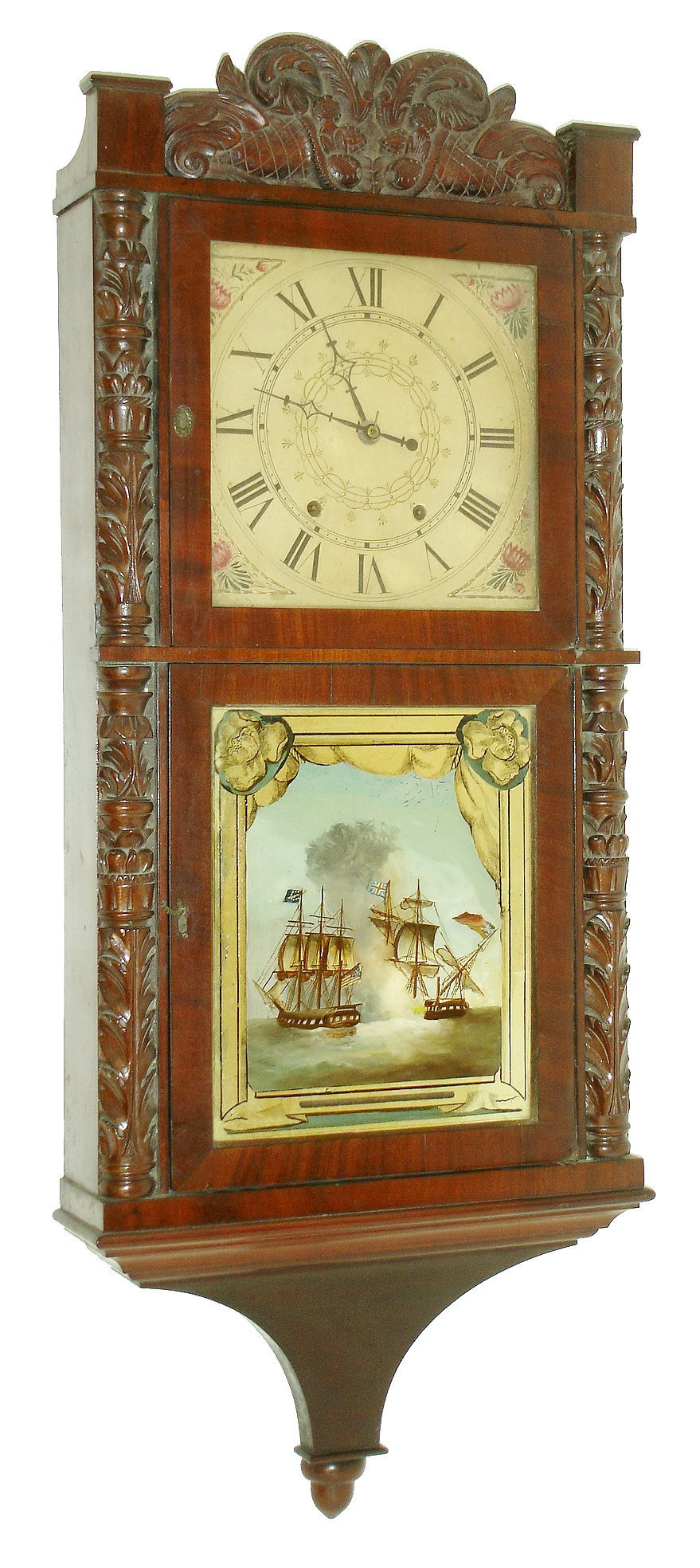 Seymour, Hall & Co., Unionville, Conn., 8 days, time and strike, weight wood movement carved column and splat shelf clock, c1835 — Antique Clocks Price Guide