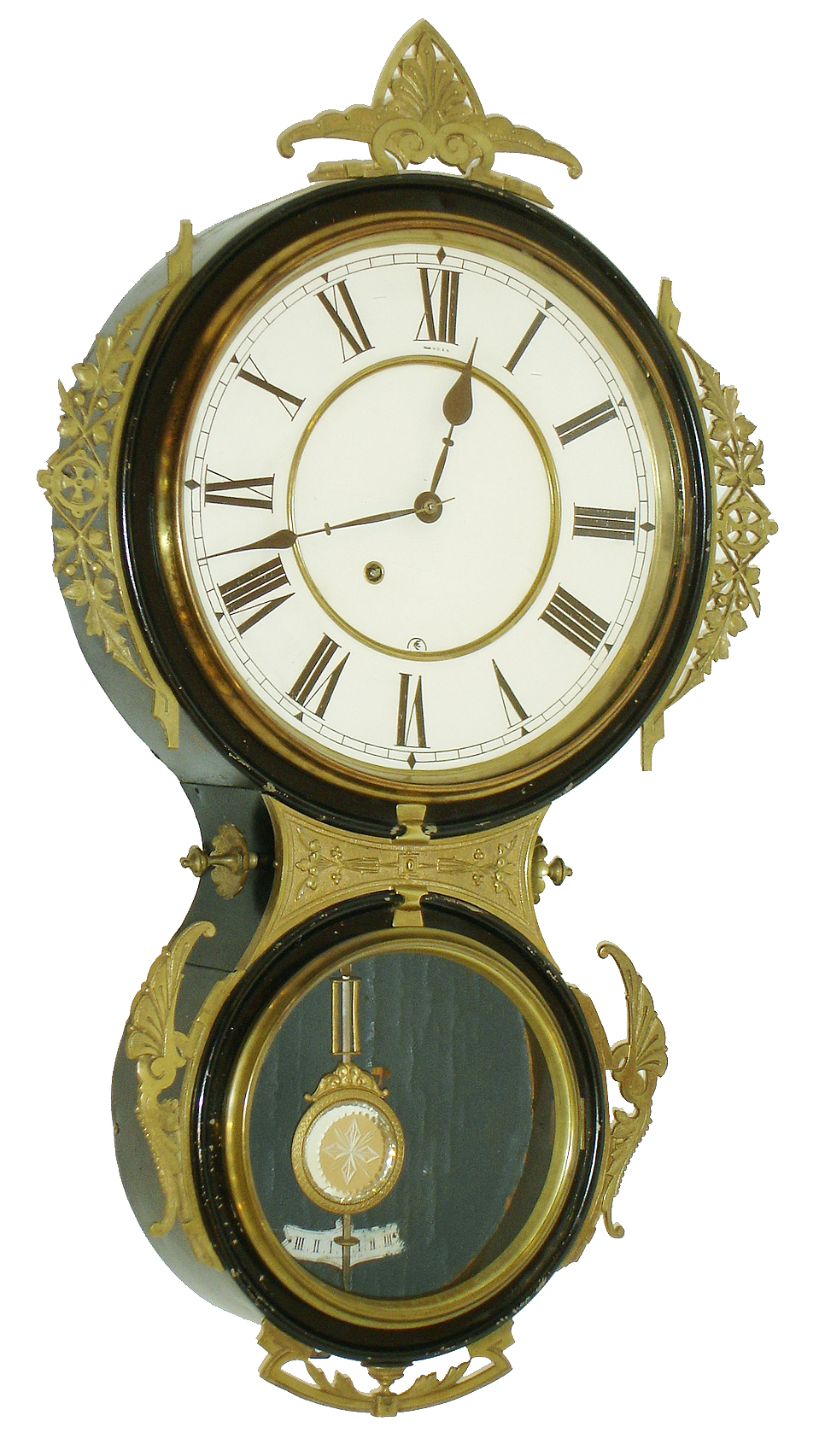 Ansonia Clock Co., Ansonia, Conn., "Brooklyn", 8 days, sheet steel case with brass trim wall timepiece, c1880 — Antique Clocks Price Guide