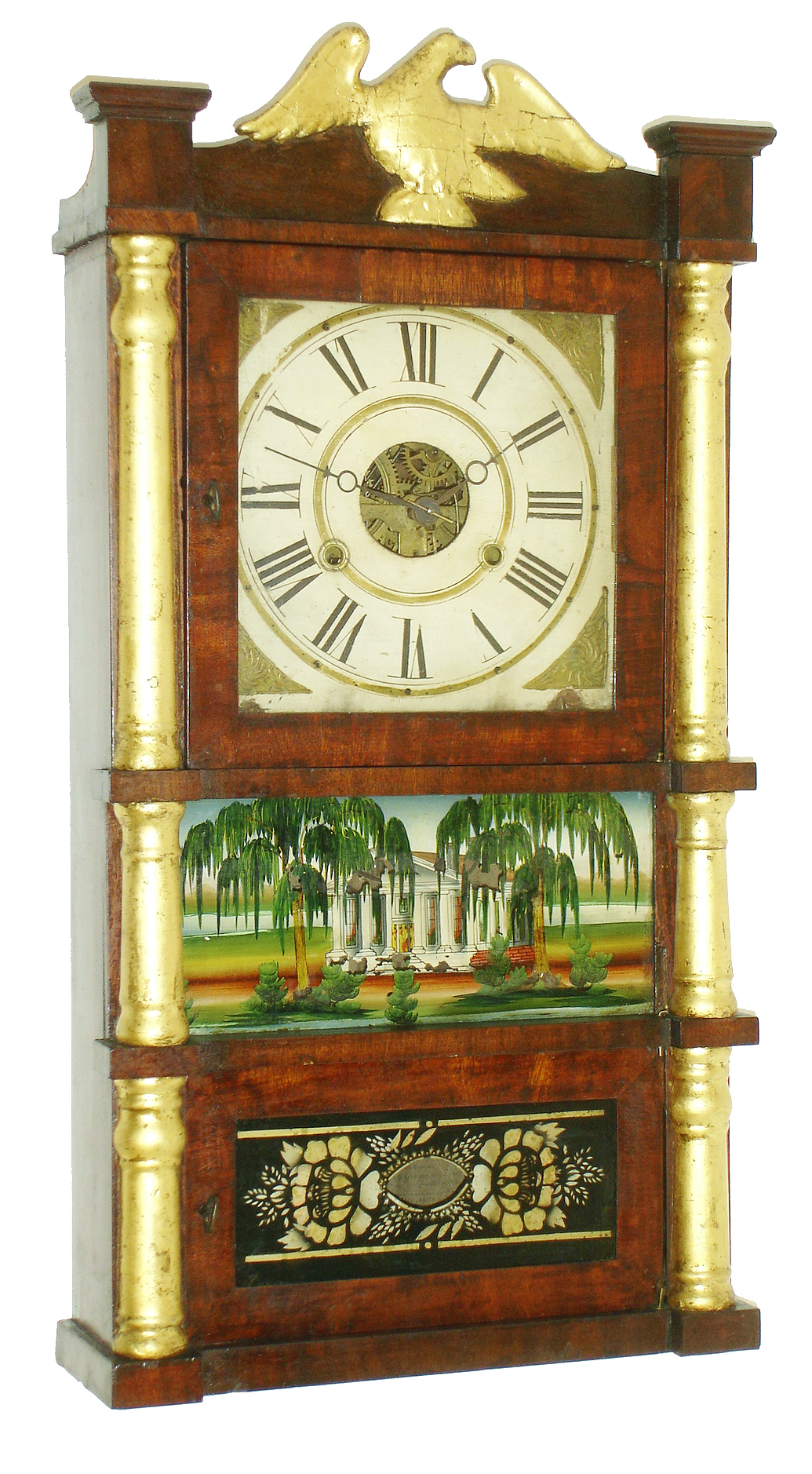John Hunt, Plainville, Conn., 30 hours, time and strike, weight brass movement miniature triple decker shelf clock, c1835 — Antique Clocks Price Guide