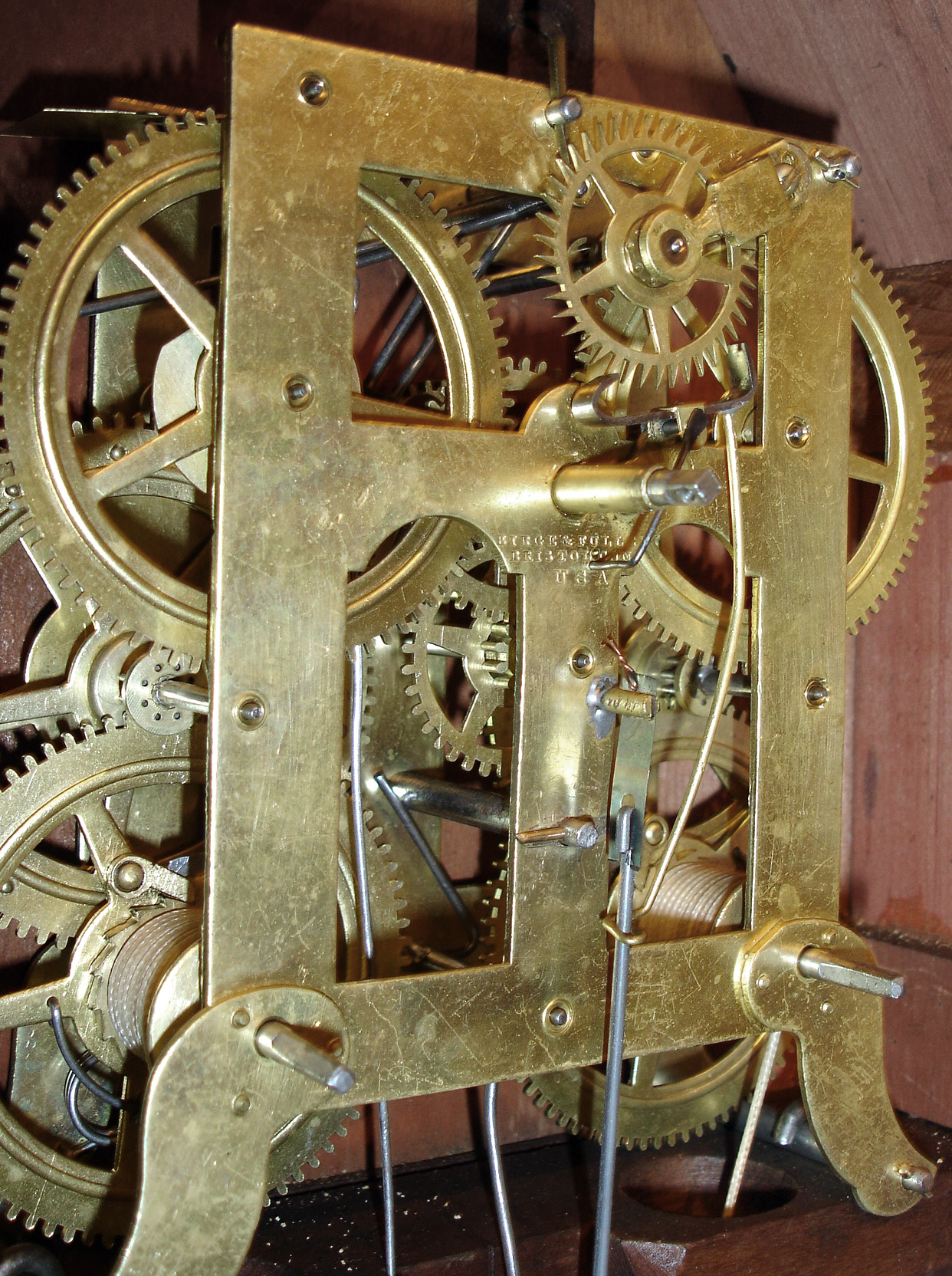 Birge & Fuller, Bristol, Conn., 8 days, time and strike, wagon spring steeple on frame with candle finials or double steeple shelf clock, c1845 — Antique Clocks Price Guide